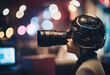 Futuristic Vision - Woman with High-Tech Helmet and Camera Exploring Night Cityscape
