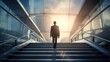 © inthasone - young businessman walking up the stairs in front of a modern office building. back view