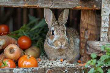 Wall Mural - A curious rabbit exploring a pile of fresh vegetables and pellets in its hutch.
