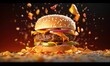 AI generated illustration of a close-up of a delicious hamburger on a dark backdrop
