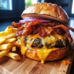 Wall Mural - AI generated illustration of a cheeseburger and fries on a wooden board