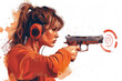 Orange watercolor paint of a woman on pistol gun shooting practice