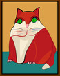 A stylized red and white cat with striking green eyes sits against a yellow and brown backdrop. Its cartoonish appearance is characterized by bold outlines and flat colors, giving it a modern24-92.eps