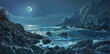 Rocky seashore, sea and white moon lights. Mystery night landscape. Banner