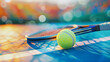 Tennis yellow ball, racket on the court. Sports colorful banner. Healthy lifestyle concept.