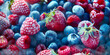 Frozen blueberries, raspberries, strawberries. Background with healthy food. Banner