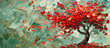 Tree with red leaves on olive green background. Painting Asian banner.
