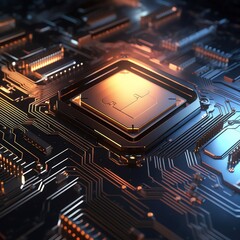 A close up of a computer chip with glowing orange highlights.