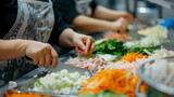 Fototapeta  - Salad cafe in Korea, two female employees focusing intently on their tasks. Sharp chef knife in hand, delicately julienning ingredients