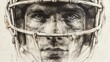 Capture the intensity of an American Football player in a frontal view, depicting intricate details on the helmet Traditional Art Medium preferred
