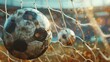 Cinematic angle of a soccer ball flying towards the goal post during a crucial game moment, spectators holding their breath