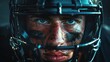 Close-up of an intense American Football player, helmet on, eyes focused, with reflections of stadium lights on visor against black