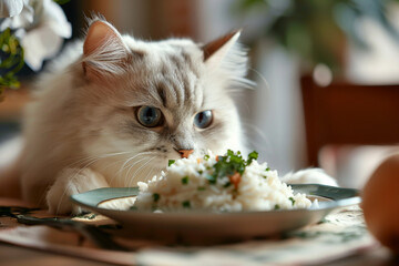 Wall Mural - A fluffy white Persian cat delicately nibbling on a dish of gourmet chicken and rice.