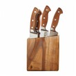 Sharp cooking knives neatly arranged in a wooden knife block, captured from the side against a crisp white background