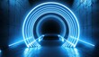 Cosmic Convergence: Vibrant Blue Neon Circles in Futuristic Podium