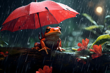 Wall Mural - Playful Red Frog with Matching Red Umbrella Enjoys the Rain