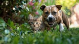 Fototapeta Kosmos - A playful American Staffordshire Terrier dog romping through a lush backyard garden with a tiny kitten, captured in vibrant hues reminiscent of a sunny afternoon