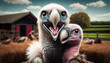 AI generated illustration of two funny vultures with blue eyes on a farm background