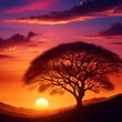 AI generated illustration of a tree silhouetted against a vibrant orange sunset in African savanna