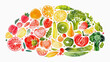 Illustration of fresh fruits and vegetables arranged in a brain shape, symbolizing healthy eating and brain food.