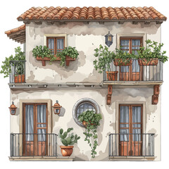 Beautiful old house with green plants on the balconies. Vector illustration.