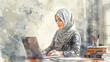 Arabic Business Frau Hijab Laptop Arbeiten Behörde Büro Lernen Studieren Middle Eastern Girl Fachkraft Arbeitsplatz Job Wasserfarben