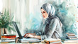 Arabic Business Frau Hijab Laptop Arbeiten Behörde Büro Lernen Studieren Fachkraft Arbeitsplatz Job Wasserfarben