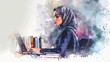 Frau Hijab Laptop Arbeiten Behörde Büro Arabic Business Lernen Studieren Fachkraft Arbeitsplatz Job Wasserfarben