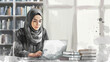 Frau Hijab Behörde Büro Arabic Business Lernen Studieren Fachkraft Laptop Arbeiten Arbeitsplatz Job Wasserfarben