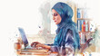 Frau Hijab Büro Arabic Business Lernen Studieren Fachkraft Laptop Behörde Arbeiten Arbeitsplatz Job Wasserfarben
