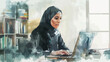 Frau Hijab Büro Arabic Business Lernen Studieren Fachkraft Laptop Dubai Arbeiten Arbeitsplatz Job Wasserfarben