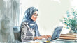 Frau Hijab Büro Arabic Business Lernen Studieren Fachkraft Laptop Arbeiten Arbeitsplatz Job Wasserfarben