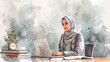 Arabic Business Frau Hijab Büro Laptop Arbeiten Arbeitsplatz Job Wasserfarben