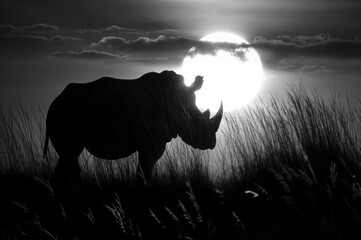 Poster - a rhino in the moonlight standing in grass in the wild