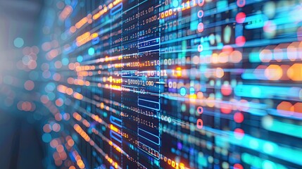 Binary code flowing on a computer screen, representing data analysis