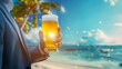 Business, vacation, summer concept. Businessman holding sparkling beer glass on the beach. The employee takes annual leave. 