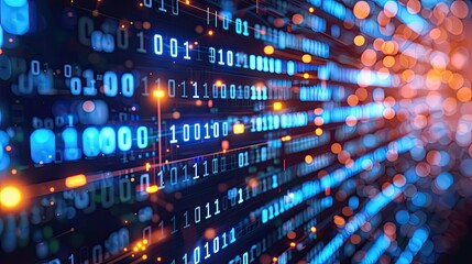 Binary code flowing on a computer screen, representing data analysis