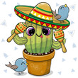 Сartoon cactus wearing a sombrero with a maracas