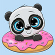 Cartoon Panda with donut on a blue bakground