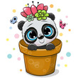 Cartoon panda in a brown flower pot