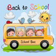 Yellow School bus and four cute cartoon kids