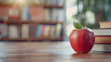 Red apple on teacher's desk with stack of books, blurred student desks in the background. Educational environment concept. Suitable for back-to-school designs and print. Large copy space