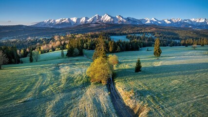 Fototapeta wspaniała panorama tatr bielskich i okolicznych lasów widziana z drona mavic 3 classic