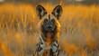 African Wild Dog, Walking In The Green Grass, (Okacango deta) Botswana, Africa. Dangerous Spotted Animal With Big Ears.