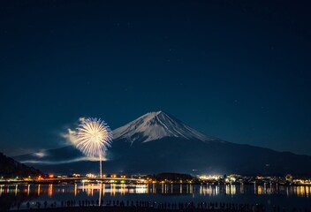 Poster - Vibrant fireworks light up the sky above Mount Fuji at night.