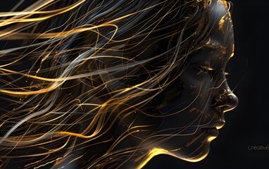 Wall Mural - A beautiful girl's head is drawn with golden lines, the hair flows and forms an elegant figure of her face in profile on black background, digital art style, fantasy art, simple illustration, 3D rende