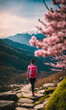 Girl observing the views of a beautiful mountain during a spring day