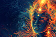 Indian Goddess Kali Maa on dark blue background. Goddess Durga Face. Religious festival of Hinduism Kali puja or Shyama Puja. Happy Durga Puja Subh Navratri. Hariyali Teej 