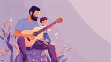 Man And His Little Son Playing Guitars On Lilac Background