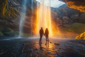 Wall Mural - AI generated illustration of two individuals hand in hand in front of a cascading waterfall